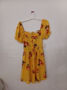 Passport Yellow Fruit-Print Puff Sleeve Dress